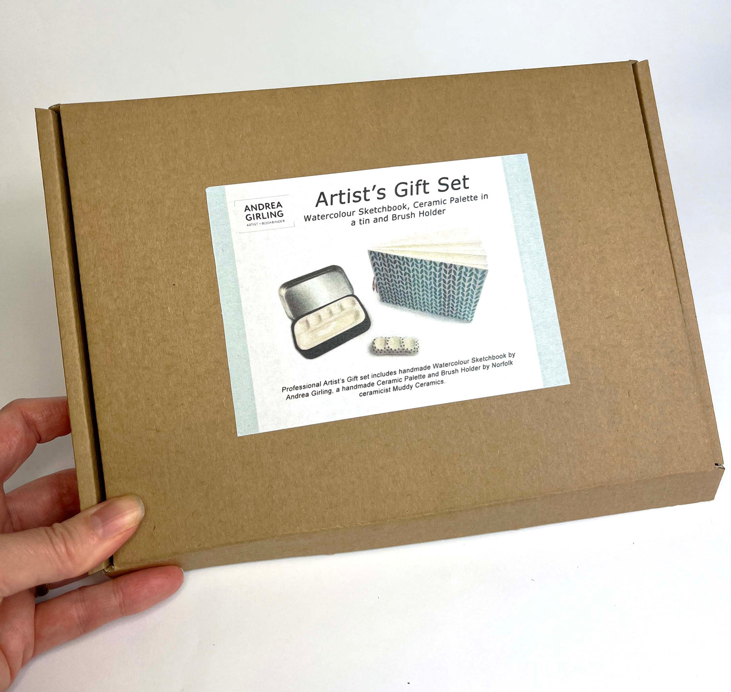 Artists Gift Set with handmade sketchbook, ceramic palette and brush holder