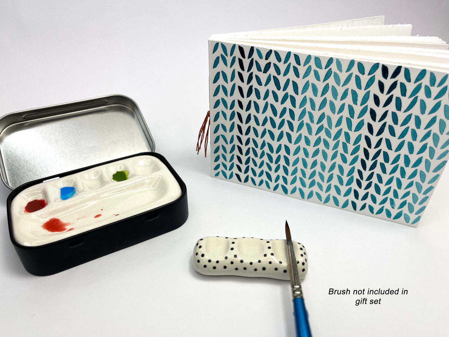 Artists Gift Set with handmade sketchbook, ceramic palette and brush holder