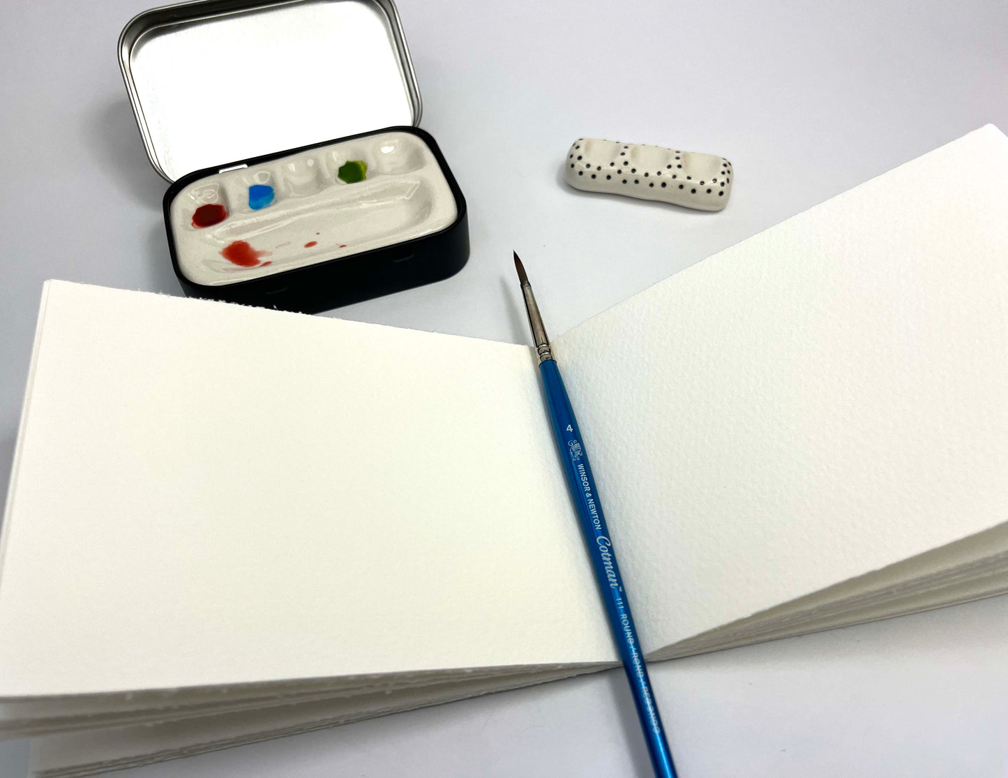 Artists Gift Set with handmade sketchbook, ceramic palette and brush holder